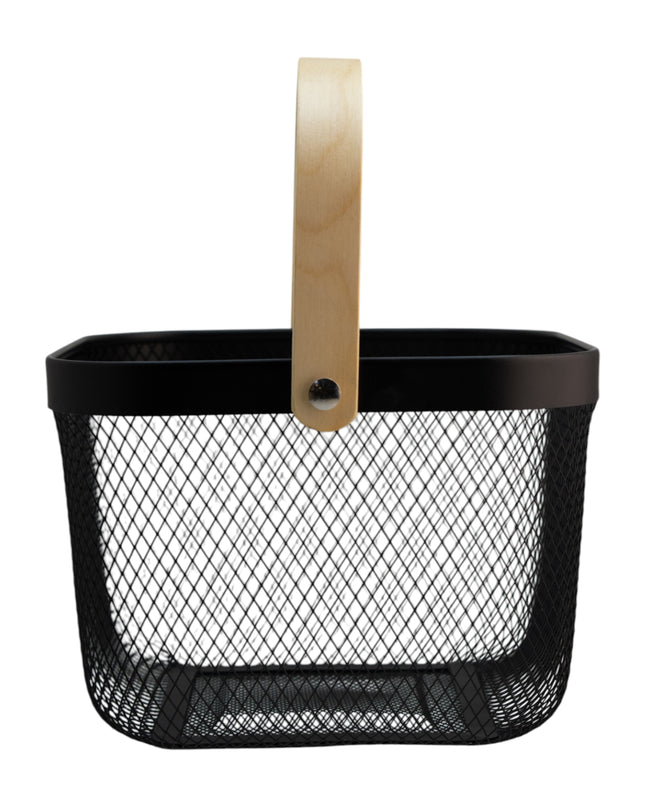 CANASTA MALLA DE HIERRO CON ASA DE MADERA