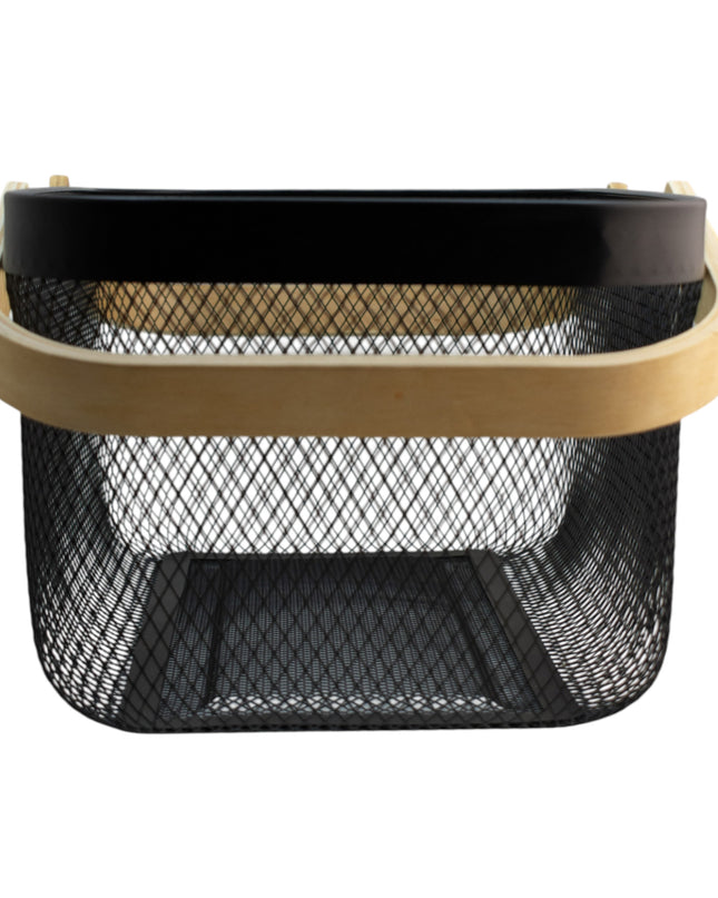 CANASTA MALLA DE HIERRO CON DOS ASAS DE MADERA