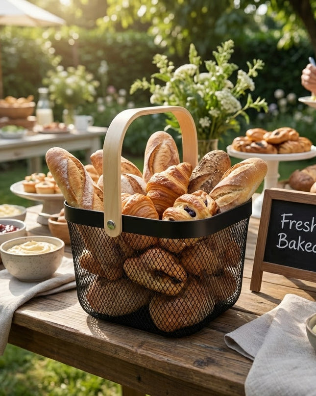 CANASTA MALLA DE HIERRO CON ASA DE MADERA