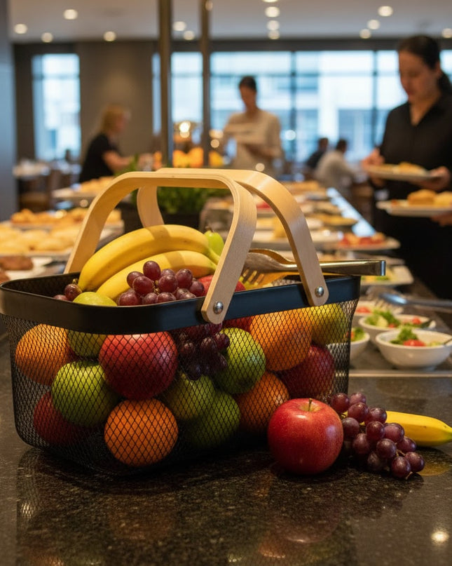 CANASTA MALLA DE HIERRO CON DOS ASAS DE MADERA